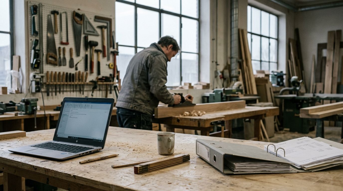 A carpenter planes a board in a bright workshop. In the foreground, a laptop sits on the workbench between a folding ruler, a coffee mug and a binder of invoices.