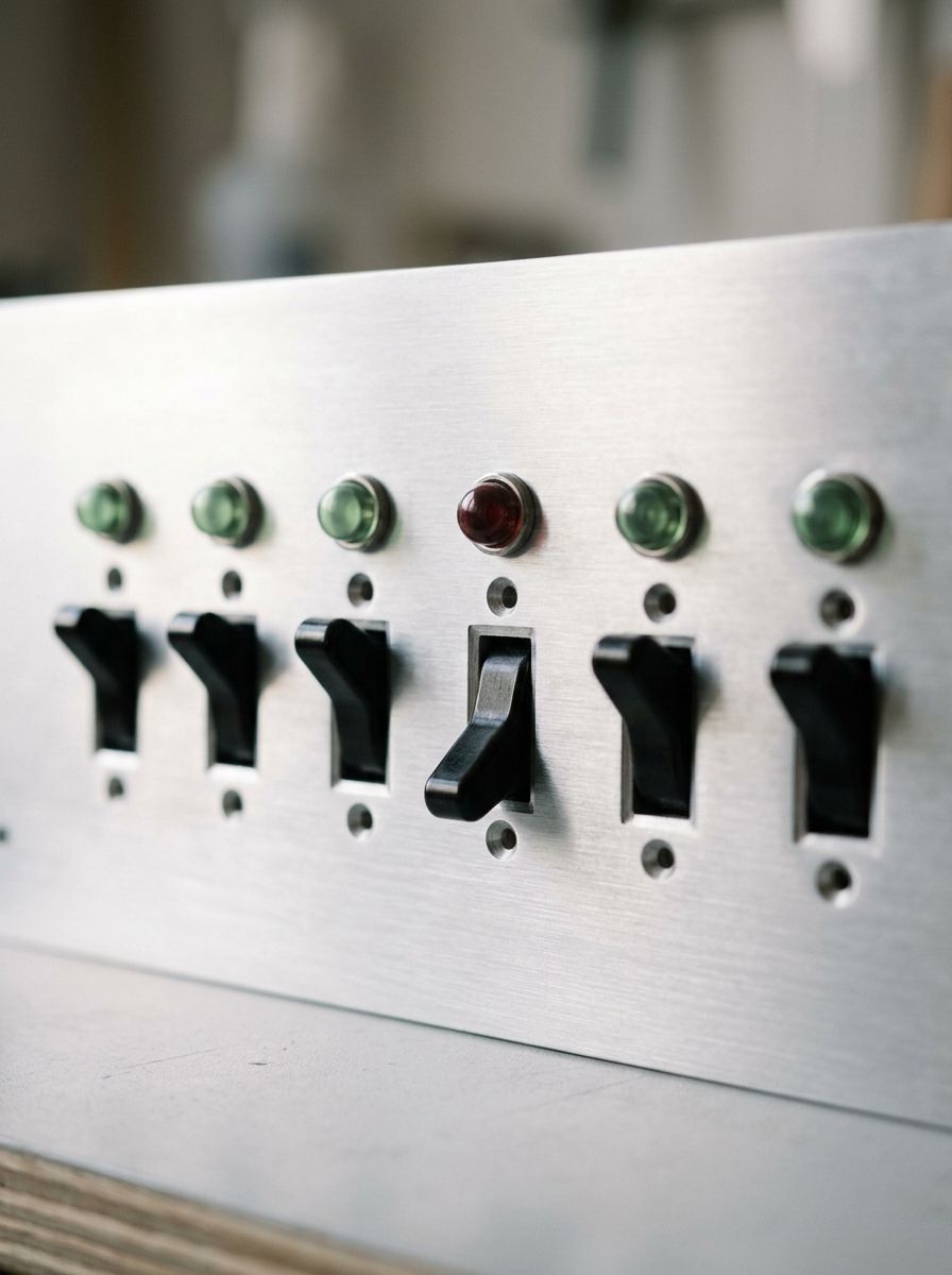 A brushed-aluminium panel with six toggle switches. Five are up with green lamps; the fourth is switched off and its lamp glows red.