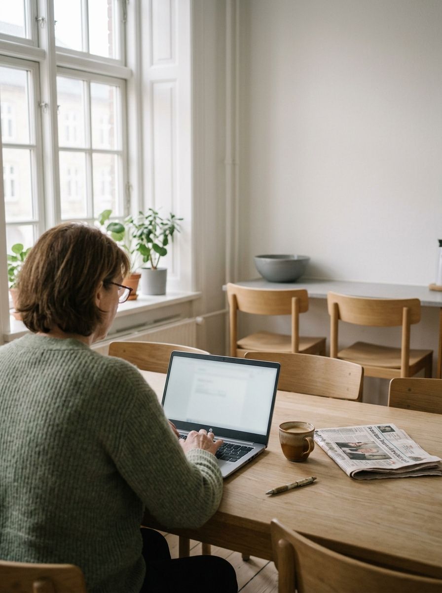 A woman works on her laptop at an oak kitchen table with a cup of coffee and a newspaper beside her.