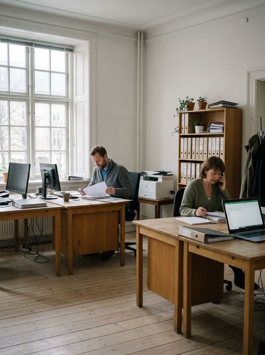 Two employees work at their own desks in a bright office with tall windows, ring binders and computers.